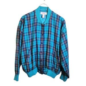 Vintage 90's Cabincore Coquette Teal Plaid Bomber Jacket Size Small